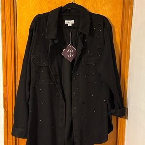Ava & Viv Black Denim Shacket with Rhinestone Details Size 1X